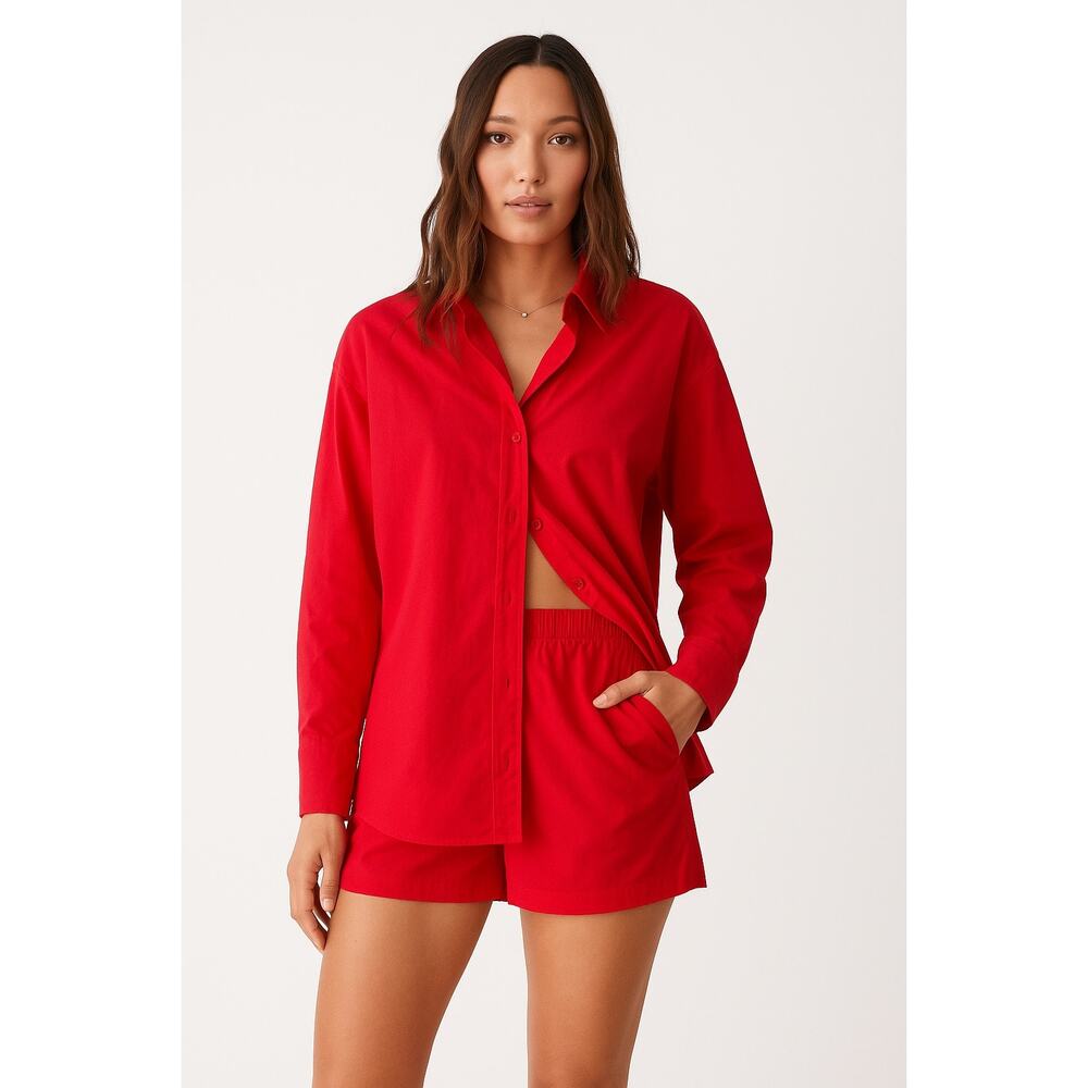 $168 Monrow Stretch Cotton Poplin - Fire Coral - XS